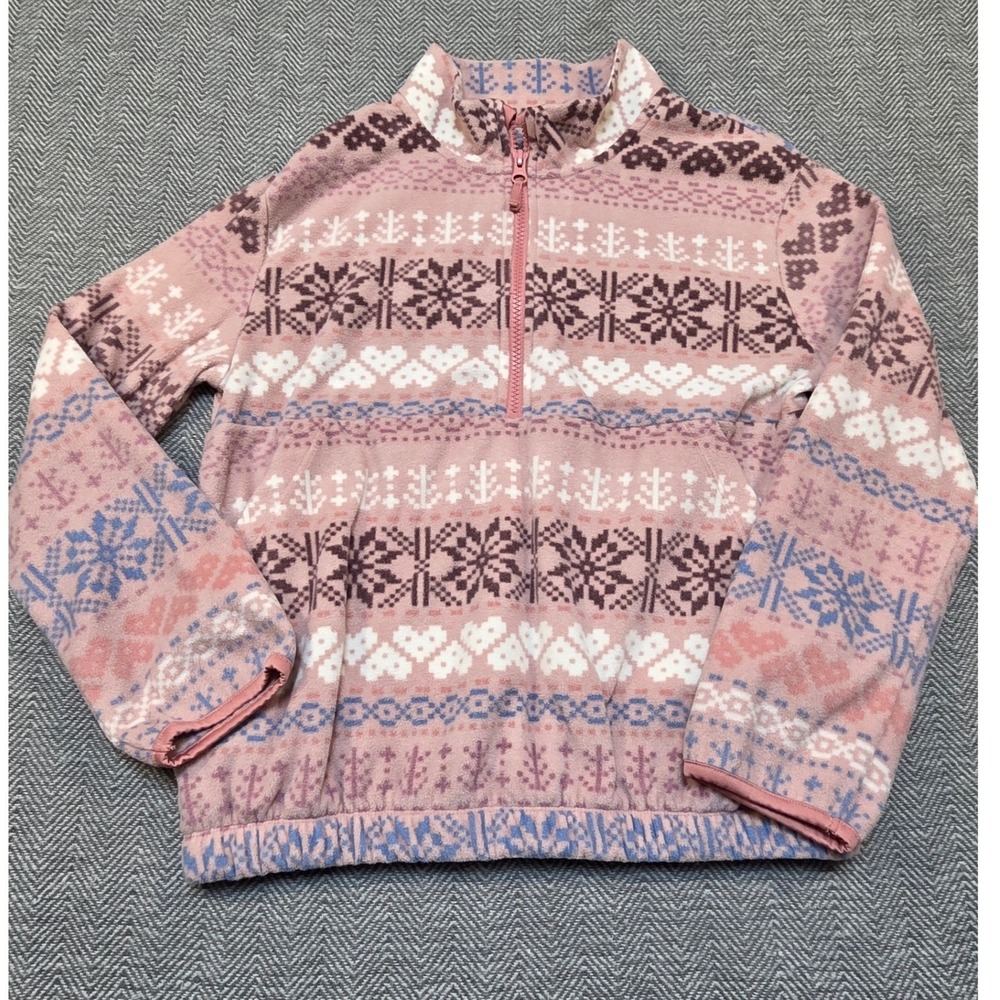 Athletic Works Girl Pink Fair Isle Snowflake Fleece Quarter Zip Pullover L 10-12